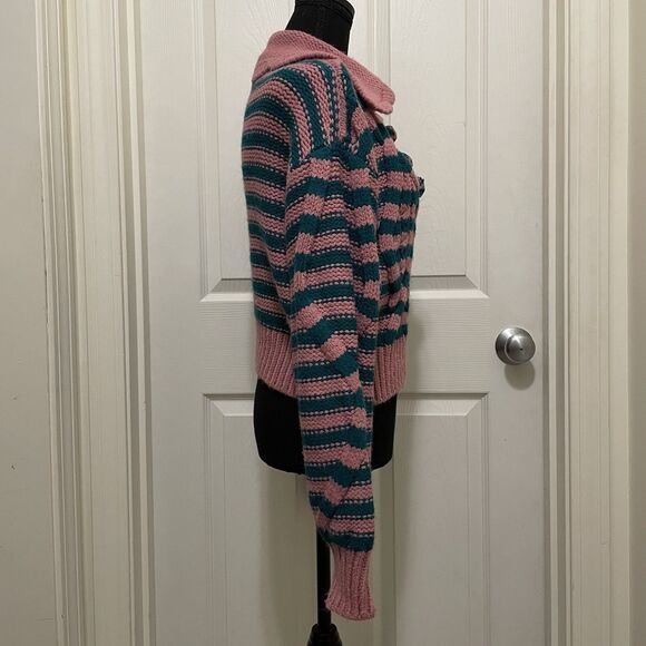 ZARA Striped Cable Knit Sweater Cropped Pink Teal Soft Women's Small S Retro - Picture 9 of 9